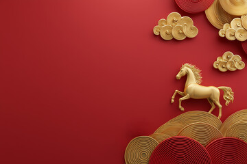 Golden horse and stylized clouds on red background copy space