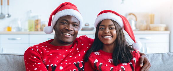 A joyful couple wearing matching red sweaters and Santa hats sit together on a couch in a warm,...