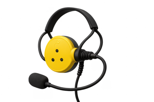 Yellow black communication headset with microphone, transparent background
