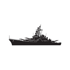 Obraz premium Battleship silhouette vector icon. Naval warship military cruiser ship isolated on white background. 