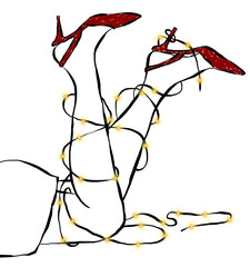 Piernas femeninas con luces navideñas dibujado a mano. Ilustración divertida de navidad. 