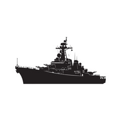 Obraz premium Battleship silhouette vector icon. Naval warship military cruiser ship isolated on white background. 