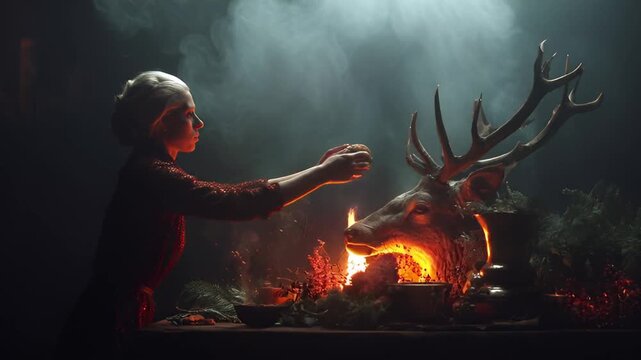Mystical Ritual - A Person Interacting with Fire and a Deer Skull.