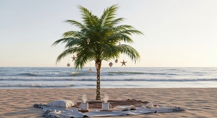 Peaceful tropical vacation moment with a palm tree adorned with lights and seashells, two mugs, and a book on the sand