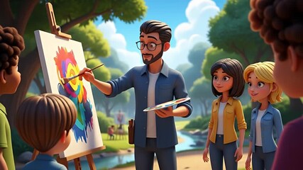 Teacher showing students how to paint outdoors.