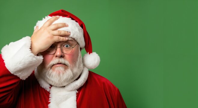 Confused Santa Claus with a surprised expression and hand on forehead, looking forgetful or stressed, against a vibrant green studio background
