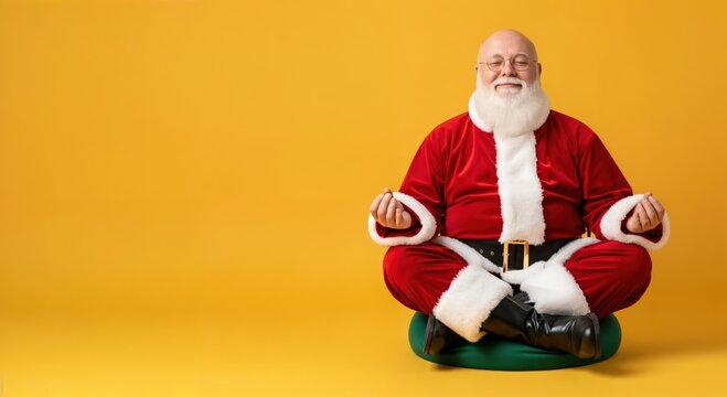 Smiling Santa Claus Meditating Peacefully in Traditional Red Suit on Green Cushion, Promoting Holiday Wellness and Calm - Powered by Adobe