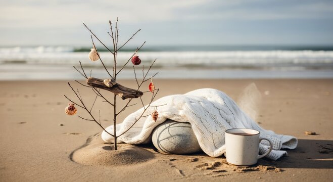 Unique Christmas celebration on a sandy beach featuring a driftwood tree adorned with seashells, a warm mug, and a soft blanket - Powered by Adobe