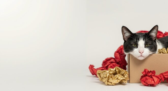 A cute black and white cat resting in a cardboard box with gift wrapping. Funny pet portrait for a holiday celebration. Wide banner with copy space for text