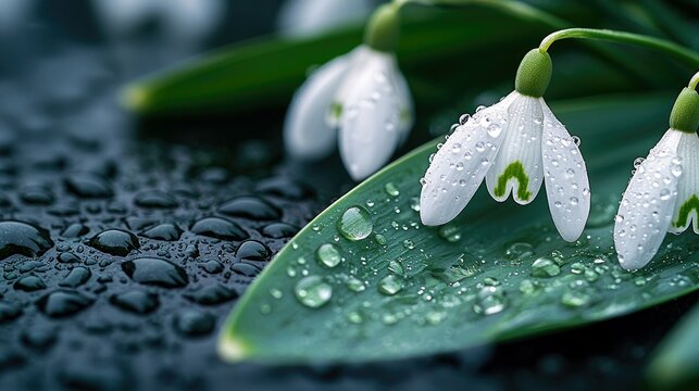 Close-up of snowdrop flowers covered in water droplets on a green leaf, with a dark, moody background. The image highlights the delicate beauty of nature.