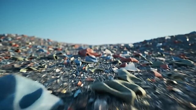 A vast landfill stretches under a clear blue sky, filled with an endless array of discarded items and waste, symbolizing environmental pollution and the global challenge of waste management.