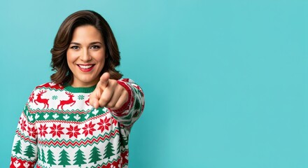 Happy young adult woman in her 30s wearing a festive Christmas sweater with reindeer and trees, smiling and pointing directly at the camera on a vibrant blue studio background