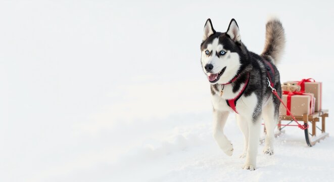 A siberian husky dog pulling a sled with christmas gifts in the snow. Festive winter holiday animal delivery concept with copy space - Powered by Adobe