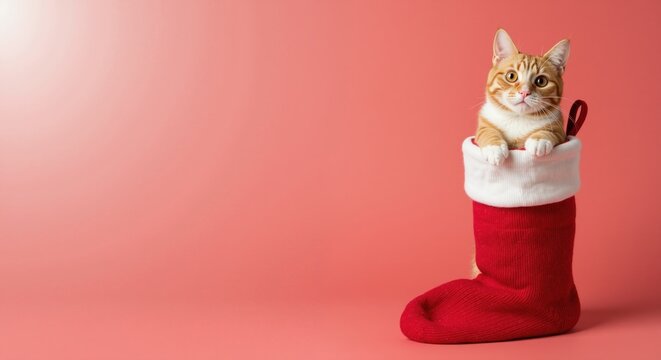 A cute ginger kitten peeking out of a red Christmas stocking. Adorable tabby cat as a holiday surprise gift. Festive seasonal background with copy space