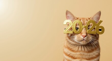 Funny ginger cat wearing golden 2026 glasses for the new year. Cute pet celebrating a holiday party. Banner with copy space