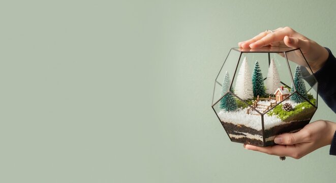 Woman's hands holding a geometric terrarium with a miniature winter scene. DIY Christmas decoration and creative hobby concept with copy space