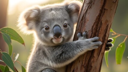 Fototapeta premium Adorable Koala clinging to a tree branch in natural habitat.