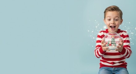 Amazed boy holding a magical christmas snow globe with an expression of wonder. Happy child with a festive holiday gift on a blue background with copy space