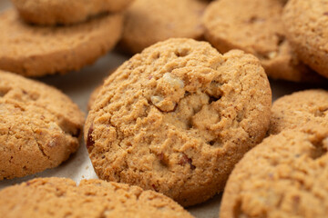 A closeup view of some gluten-free almond flour pecan cookies.