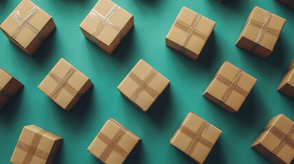 Neatly arranged shipping boxes on teal background convey organized delivery, logistics efficiency, and modern e-commerce solutions for business success