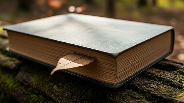 Old book with a leaf bookmark resting on a mossy log in a forest setting.