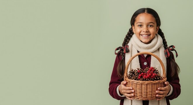 Smiling young girl holding a basket of pine cones and red berries. Happy child wearing a warm scarf and coat isolated on green background. Winter or autumn holiday concept with copy space