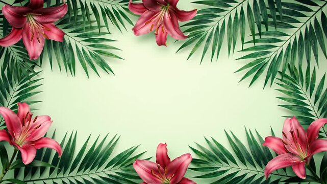 Tropical frame with palm leaves and pink lilies on a light green background.
