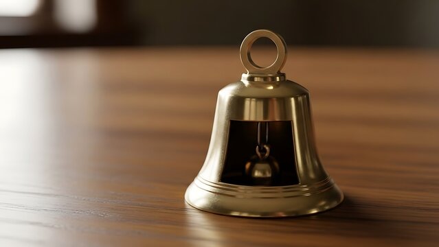 Focused golden bell resting serenely on a glossy wooden surface
