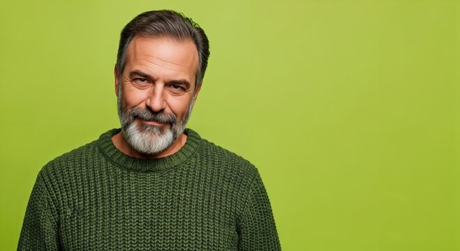 Portrait of a happy middle-aged man with a grey beard and mustache wearing a green knitted sweater against a bright lime background - Powered by Adobe