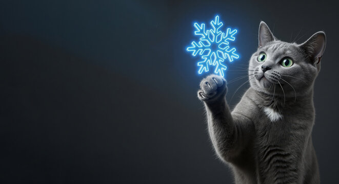 Grey cat touching a glowing blue neon snowflake. Winter holiday concept with copy space. Russian Blue pet playing with digital snow hologram