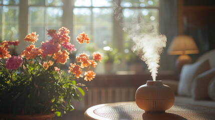 Create a calming oasis at home with a modern diffuser and fresh flowers for wellness, relaxation, and a beautiful, fragrant living space today