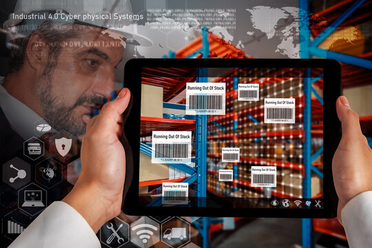 Smart warehouse management system using augmented reality technology to identify package picking and delivery . Future concept of supply chain and logistic business .