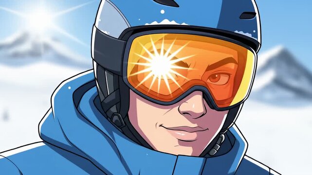 Close-up of a skier in a blue helmet and orange goggles with sun reflection.