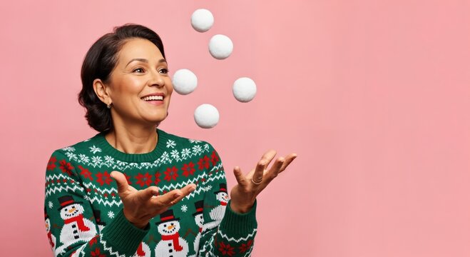 Joyful middle-aged woman in a festive green Christmas sweater juggling white snowballs against a vibrant pink background, celebrating the holiday season.