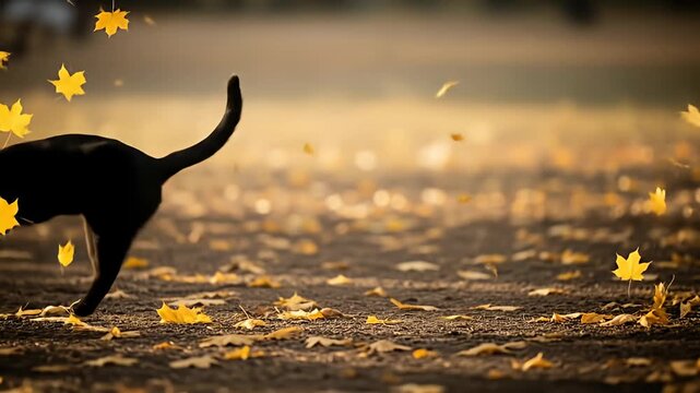 Black cat jumping in autumn leaves.