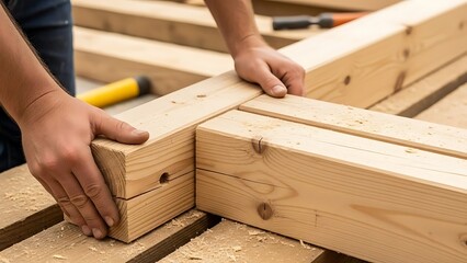 Craftsman assembles the wooden beams, forming a solid structure securely