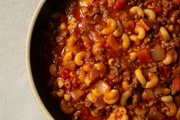 A top down view of plate of gluten-free, dairy-free American goulash.