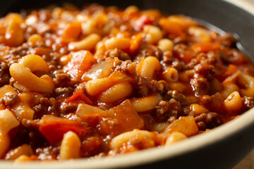 A closeup view of plate of gluten-free, dairy-free American goulash.