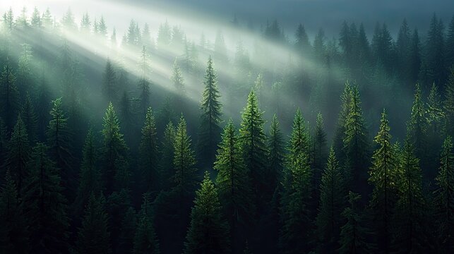 A scenic view of a forest filled with pine trees, shrouded in fog, with sunbeams breaking through, creating an atmospheric landscape.