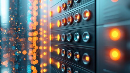Close-up of server racks with glowing lights, creating a futuristic and abstract visual in a data center environment.