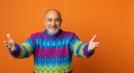 Happy bald middle-aged man with a beard wearing a colorful patterned sweater with outstretched arms in a welcoming gesture on an orange background.