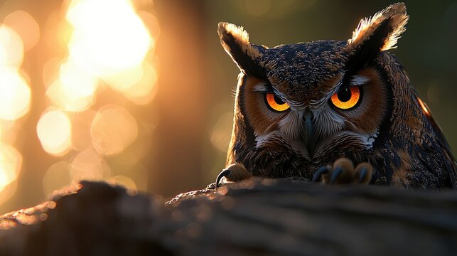 A close-up of a Great Horned Owl perched on a log, with intense orange eyes, set against a blurred background of golden sunlight. - Powered by Adobe