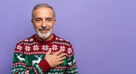 Smiling senior man with grey beard wearing a festive Christmas sweater, hand on chest, expressing gratitude or warmth on a purple background.