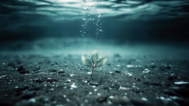 A single leaf grows from the seabed in a dark underwater environment, with bubbles rising to the surface.