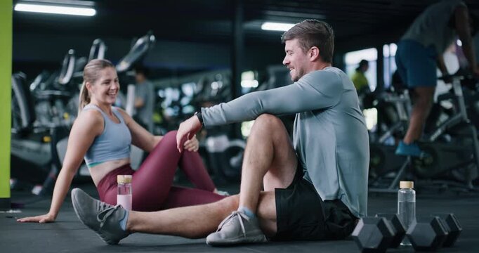 Smile, couple and stretching for fitness at gym with exercise, training and flexibility routine. Happy, people and warm up to prepare muscles, mobility workout and posture improvement for wellness