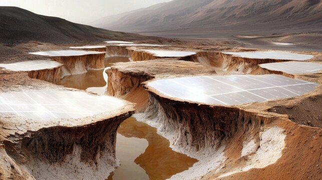 A landscape with solar panels installed in a desert environment, reflecting clean energy generation. The scene is lit by daylight. - Powered by Adobe