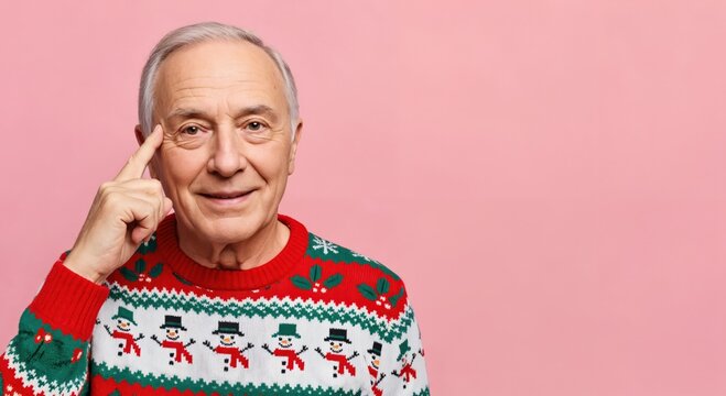 Happy senior man with grey hair wearing a festive red and green Christmas sweater with snowmen, pointing to his temple and smiling against a vibrant pink background.