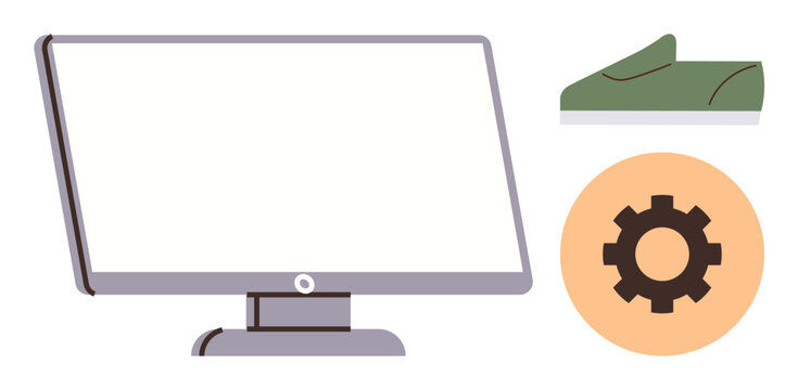 Desktop screen, shoe silhouette, and orange gear suggesting digital product design or e-commerce. Ideal for technology, retail, innovation, online shopping, user interface, customization industry