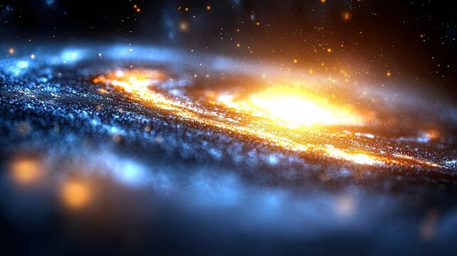 A vibrant and detailed illustration of a spiral galaxy, showcasing bright light and cosmic dust against a dark background.