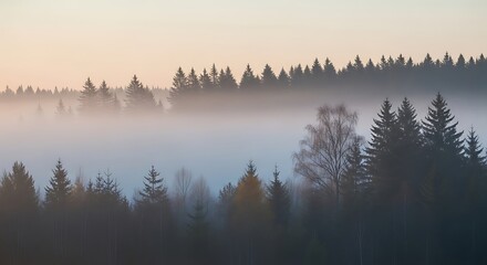 Tranquil foggy forest at sunrise, highlighting ethereal atmosphere